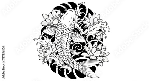 Elegant depiction of koi fish surrounded by lotus flowers evoking traditional art