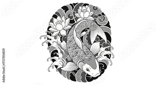 Monochromatic koi carp design with flowing water lily flower illustration art