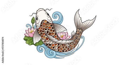 Elegant koi fish illustration amidst lotus blossoms and stylized swirling water currents