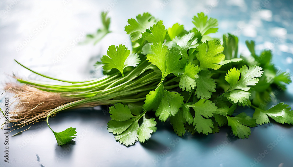 Fototapeta premium Fresh Cilantro Bunch With Vibrant Green Leaves Perfect For Culinary Use And Garnishing Dishes This Aromatic Herb Adds Flavor And Freshness To Various Recipes