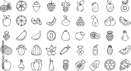 Outlined fruits arranged in rows and columns including citrus fruits berries and tropical fruits in black and white