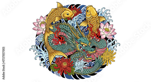 Golden koi fish and intricate dragon coiling amidst delicate lotus and chrysanthemum blossoms in a