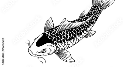 Detailed monochrome illustration of a koi fish symbolizing strength and good fortune