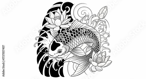 Elegant Koi Fish with Water Lilies in Detailed Line Art Style Black and White Design