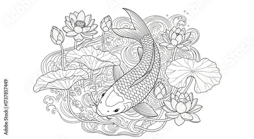 Detailed monochrome drawing showcasing a koi carp among elegant water lilies and swirling ripples