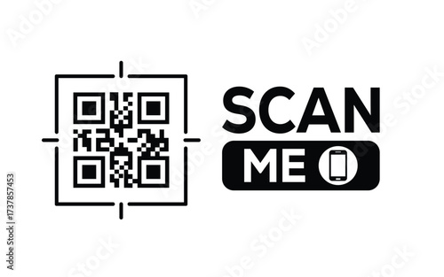 Minimalist black and white QR code label design with "SCAN ME" message, modern style, ideal for marketing, digital menus, business promotions, and mobile-based contactless solutions.	