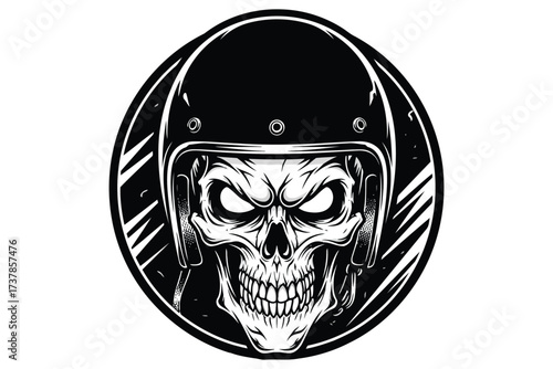 Vector art of a skull wearing a vintage motorcycle helmet, , evoking a sense of speed, danger, and timeless cool, rendered in a bold and graphic vector style for edgy appeal