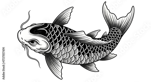Monochrome koi fish artwork exhibiting detailed scale patterns on a pristine backdrop