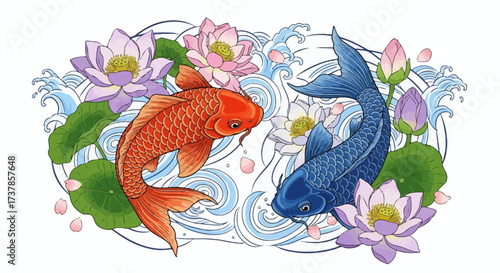 Koi fish and lotus flower illustration showcasing harmony and balance artistic rendering
