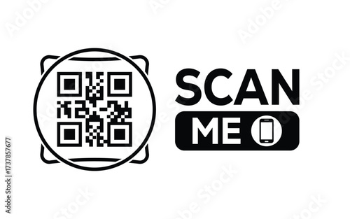 Minimalist black and white QR code label design with "SCAN ME" message, modern style, ideal for marketing, digital menus, business promotions, and mobile-based contactless solutions.	