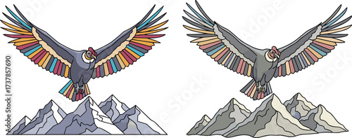 PrintAndean condors flying over mountains, colorful wings bird artwork, majestic eagle drawing, wildlife illustration, Andes nature travel design, South American bird