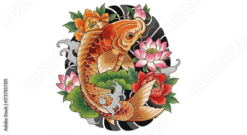Elegant koi fish artwork with vibrant floral arrangement against an ornate backdrop