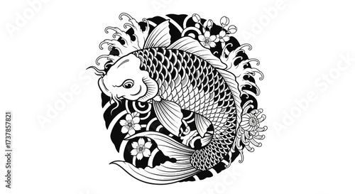 Elegant koi fish and floral elements illustration with traditional japanese artistic style ink
