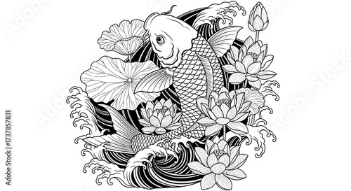 Elegant koi fish illustration amidst serene lotus blossoms and swirling water pattern art
