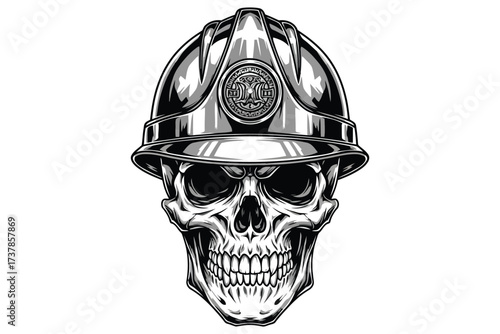 Vector art of a striking monochrome illustration of a skull wearing a construction helmet, , blending the macabre with the industrial in a unique design