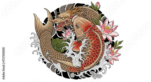 Mythical fusion: Dragon-headed koi ascending amidst ethereal water lilies and swirling waves of