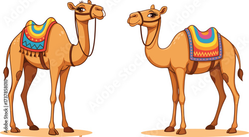 PrintCartoon camels illustration, desert animal artwork, colorful saddles, Arabian culture design, cute camel drawing, traditional decoration, exotic wildlife art