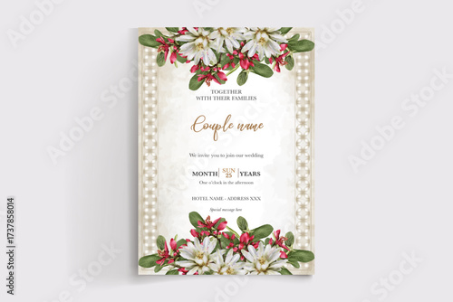 WEDDING INVITATION FRAME WITH FLOWER DECORATIONS AND FRESH LEAVES