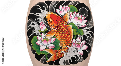 Artistic tattoo design featuring vibrant koi fish, lotus blossoms, and stylized waves for body art