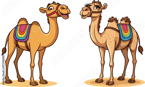 PrintCartoon camels with colorful saddles, cute desert animals, Arabian camel illustration, funny camel artwork, children’s educational drawing, travel desert design