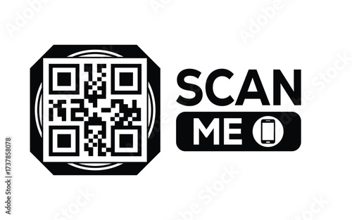 Minimalist black and white QR code label design with "SCAN ME" message, modern style, ideal for marketing, digital menus, business promotions, and mobile-based contactless solutions.	