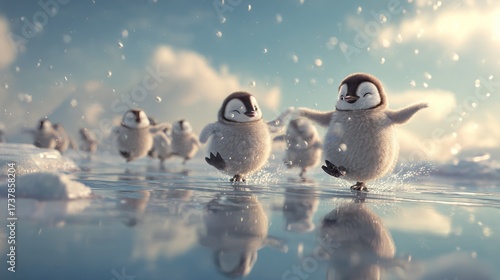 Playful little penguins frolic on glistening ice, their joyful expressions and fluffy plumage against a backdrop of soft winter light.