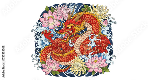 Mystical red dragon amid swirling waters and ethereal lotus blossoms illustration art