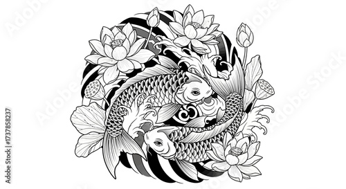 Elegant koi fish and lotus flowers design, an artistic monochrome representation of japanese