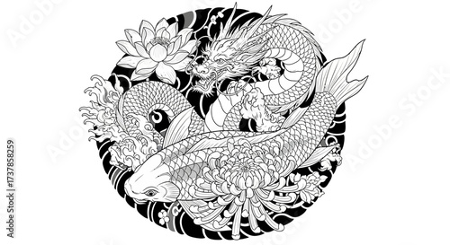 Enigmatic ink wash artwork featuring a dragon koi fish amidst lotus and chrysanthemum blossoms