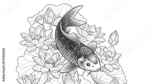 Elegant grayscale illustration of a koi fish amidst a serene field of blooming lotus flowers