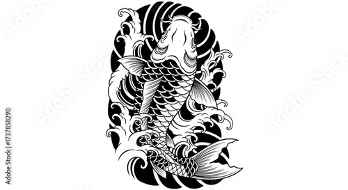 Elegant black and white carp swimming upward in swirling waters of oriental design