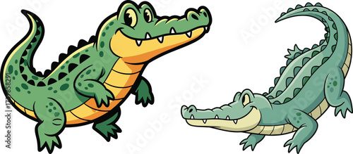 PrintCartoon crocodile and alligator illustration, cute reptile animals, funny wildlife character, green predator drawing, educational design, children’s art, playful mascot