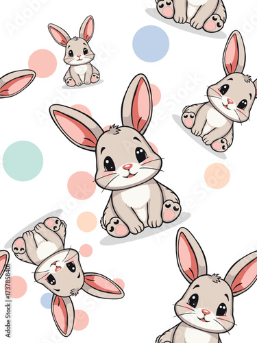 Seamless pattern with funny cartoon rabbits on white background