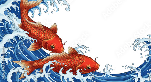 Elegant koi fishes amidst turbulent waters, showcasing vibrant scales and fluid motion  in a
