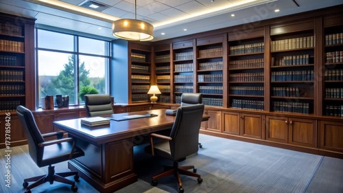 Sophisticated law office, designed with rich wooden furniture and a large library with beautiful