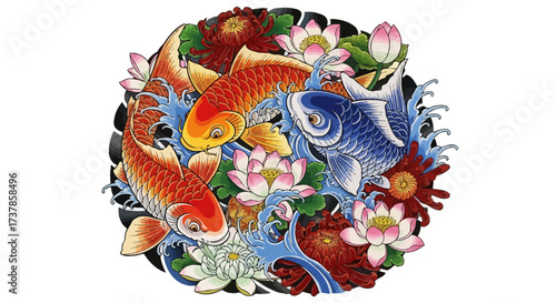 Koi Fish Harmony: An Artistic Blend of Aquatic Grace and Floral Elegance Unveiled