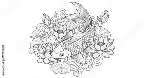 Tranquil serenity: Intricate ink drawing of a koi fish amidst blooming lotus flowers, reflecting
