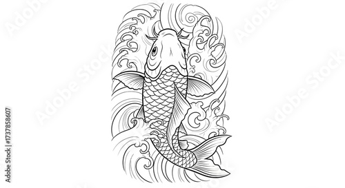 Detailed line drawing depicting a stylized koi fish swimming through swirling water patterns