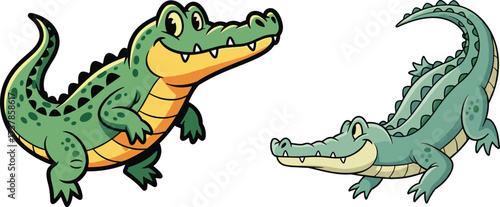 PrintCartoon illustration of two funny crocodiles with smiling faces, green scales, sharp teeth, playful expressions, isolated vector animal design
