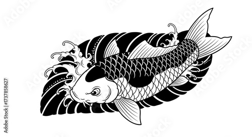 Monochromatic japanese koi illustration gracefully navigating stylized waves