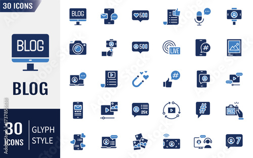 Blogging Flat Icons set. Containing video, photo, influencer, and more. Vector illustration