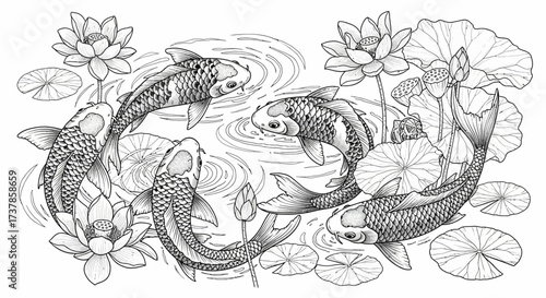 Elegant koi fish and lotus flower illustration, tranquil pond scene drawing line art