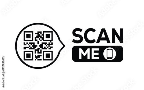 Minimalist black and white QR code label design with "SCAN ME" message, modern style, ideal for marketing, digital menus, business promotions, and mobile-based contactless solutions.	