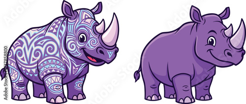 PrintCartoon rhinoceros illustration, purple rhino artwork, creative patterned animal drawing, colorful wildlife character design, cute jungle cartoon, happy decorative rhinoceros art