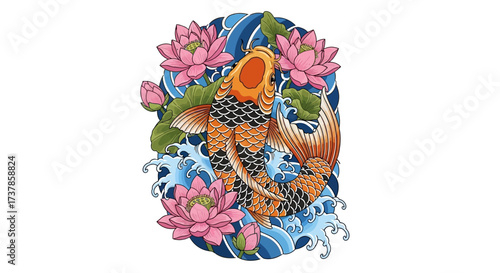 Colorful Koi Fish Illustration Surrounded by Blooming Lotus Flowers and Gentle Waves