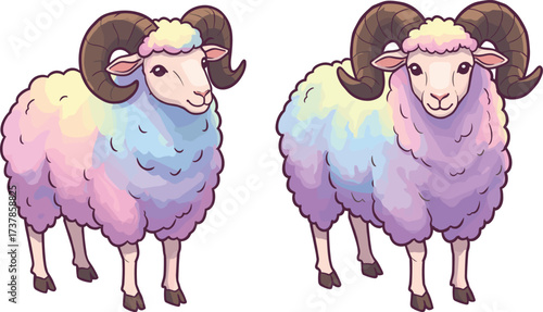 PrintCartoon ram illustration, colorful sheep artwork, fantasy animal design, multicolored wool character, whimsical livestock drawing, playful farm animal mascot, creative vector art