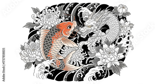 Koi fish and dragon face-off amidst a serene floral and wave arrangement concept