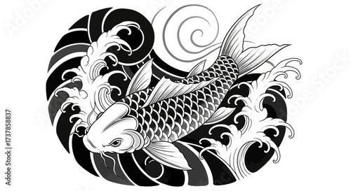 Majestic Koi Fish Ink Illustration with Flowing Waves Depicting Grace and Strength