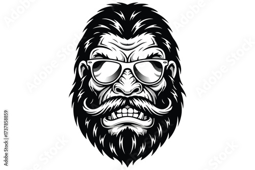 Vector art of cool bigfoot with sunglasses a stylized sasquatch face with a hipster vibe, featuring a beard, mustache, and intense gaze