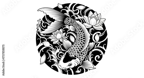 Elegant koi fish illustration adorned with lotus flowers in a detailed tattoo design style